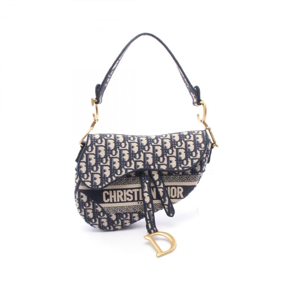Christian Dior SADDLE Oblique Handbag Canvas Navy Blue Beige Cream